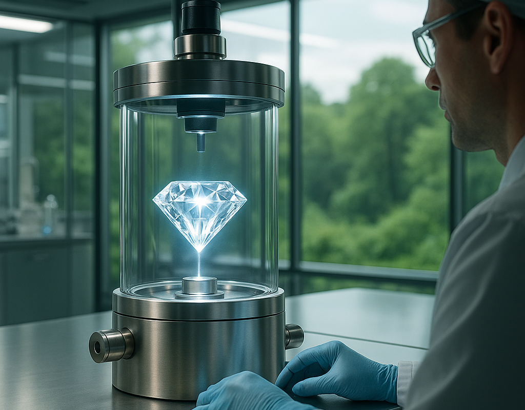 Person in a lab setting examining a glowing diamond in a metallic container.