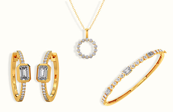 Gold jewelry set with earrings, necklace, and bracelet on a white background