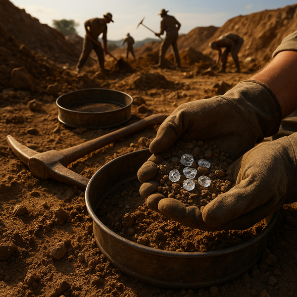 Person holding diamonds in a pan with miners in the background