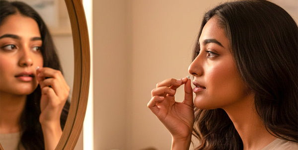 Woman applying makeup in front of a mirror Woman applying makeup in front of a mirror