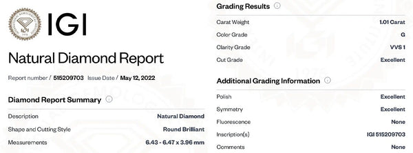 IGI Natural Diamond Report with diamond grading details on a white background IGI Natural Diamond Report with diamond grading details on a white background