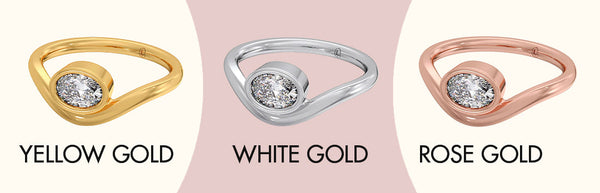 Three gold rings in yellow, white, and rose gold on a pink background