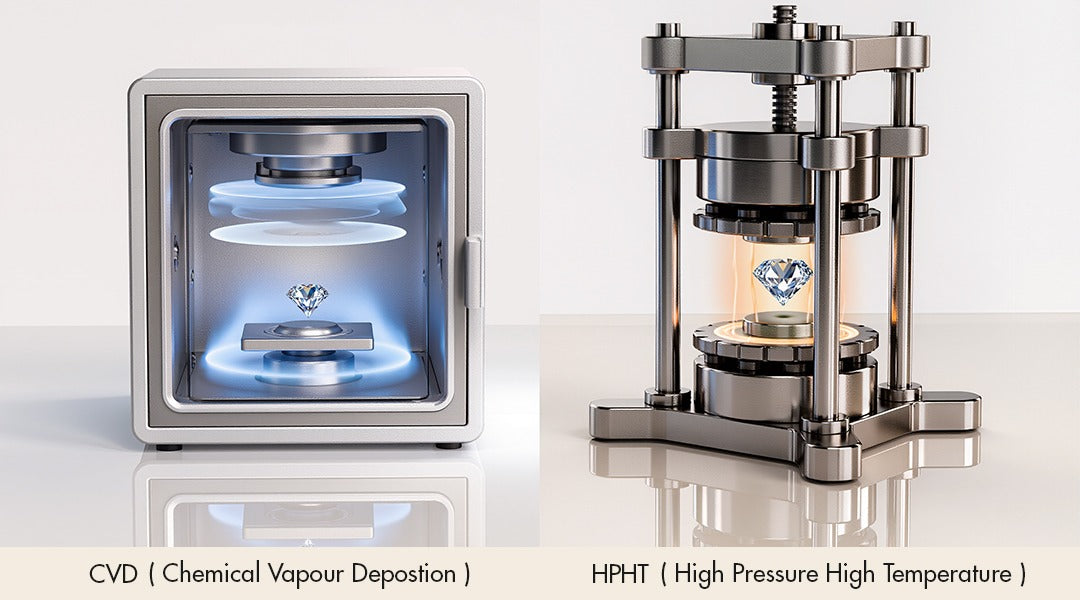 Two diamond jewelry manufacturing processes shown side by side on a reflective surface. Two diamond jewelry manufacturing processes shown side by side on a reflective surface.