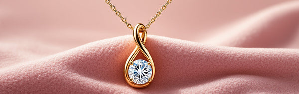 Gold necklace with a diamond pendant on a pink fabric background
