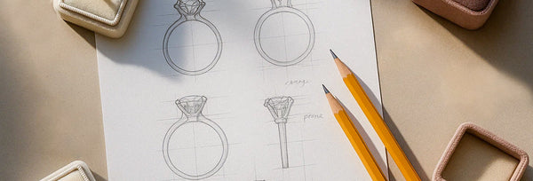 Design sketches of rings on a piece of paper with pencils and stamp tools.