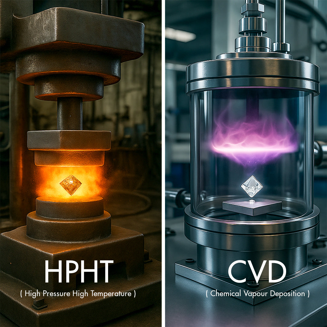 Two industrial processes shown side by side with 'HPHT' and 'CVD' labels.