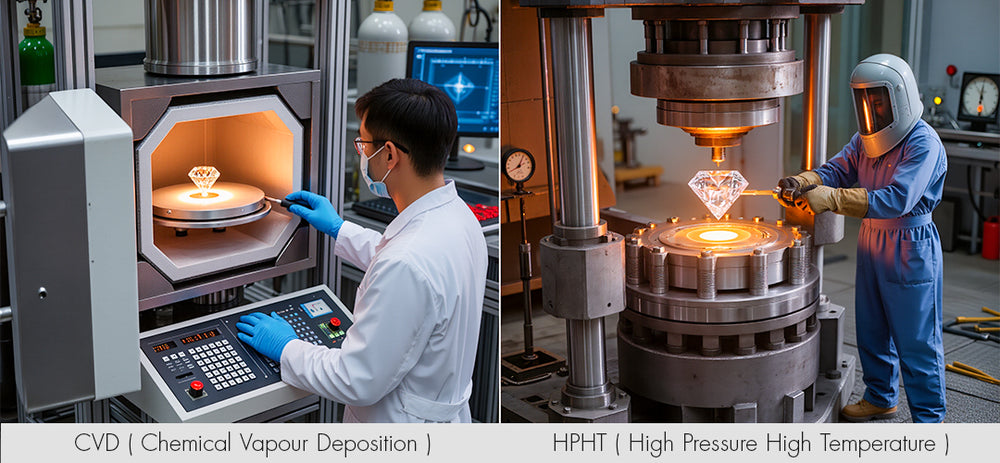 Two industrial processes shown side by side: CVD (Chemical Vapor Deposition) and HPHT (High Pressure High Temperature). Two industrial processes shown side by side: CVD (Chemical Vapor Deposition) and HPHT (High Pressure High Temperature).
