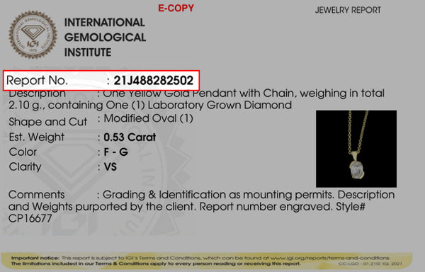 Jewelry report from the International Gemological Institute with product details and a small image of a yellow gold pendant.