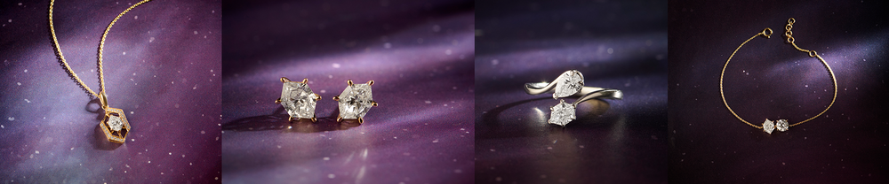 Set of gold jewelry including earrings, ring, and bracelet on a purple gradient background Set of gold jewelry including earrings, ring, and bracelet on a purple gradient background