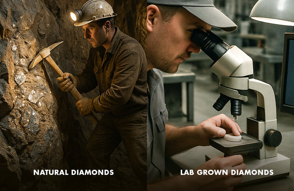 Two men, one mining and one in a lab, with text 'Natural Diamonds' and 'Lab Grown Diamonds'.