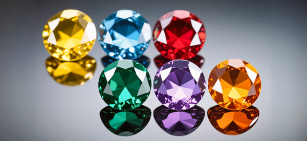 Set of colorful gemstones on a reflective surface with a gray background