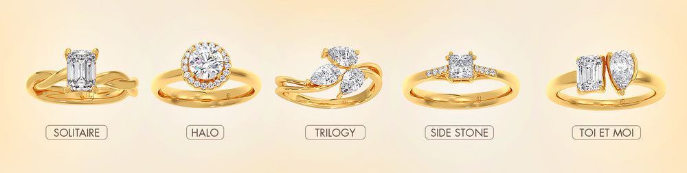 Collection of gold rings with different diamond settings on a beige background