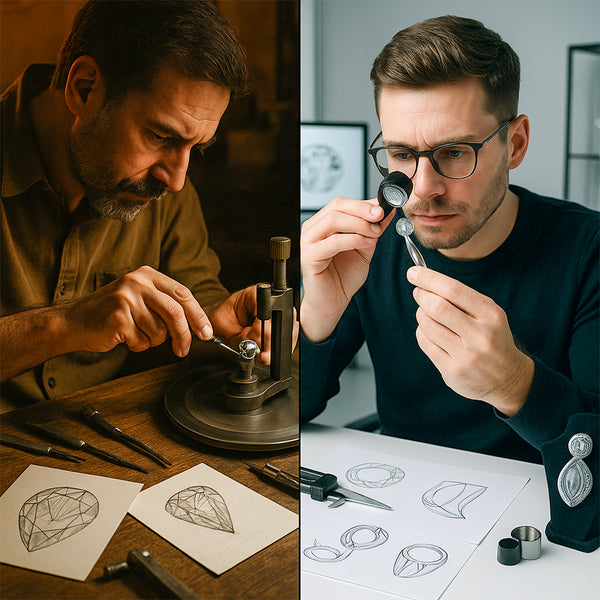Two men working on jewelry, one with tools and drawings, the other using a magnifying glass.
