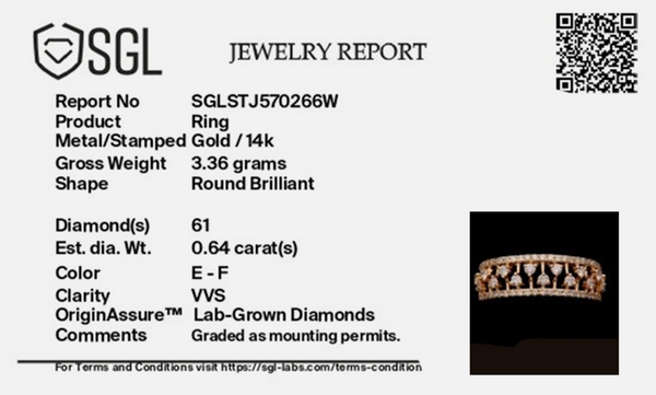 Jewelry report card with SGL logo and diamond ring image on a white background Jewelry report card with SGL logo and diamond ring image on a white background