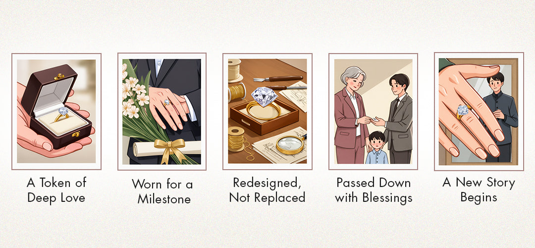 Illustrations of a ring in various scenarios with text describing its significance.