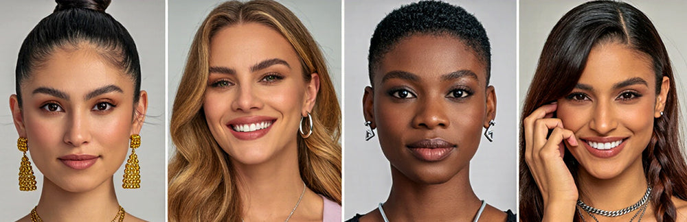 Five women with different hairstyles and jewelry on a gray background