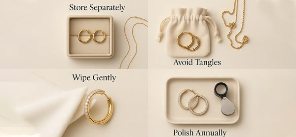 Jewelry care instructions with gold rings and necklaces on a beige background