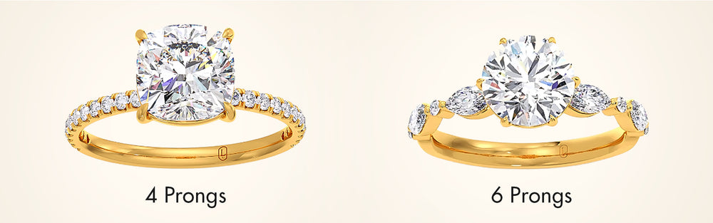 Two diamond rings with different prong designs on a beige background