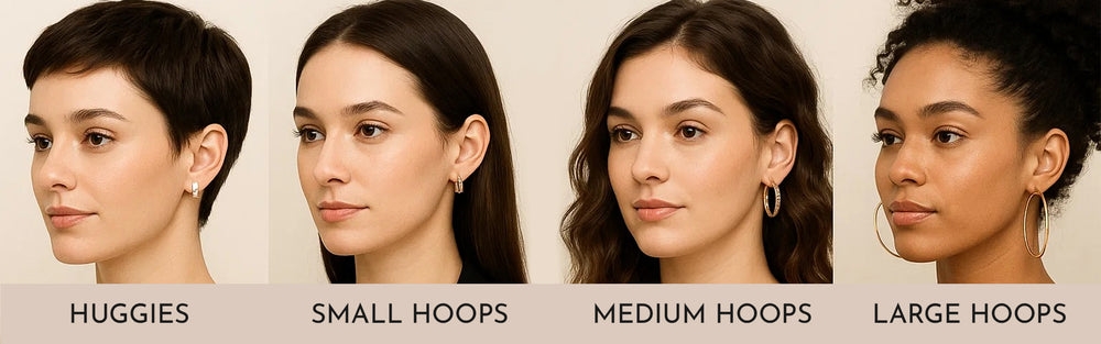 Four women wearing different hoop earrings on a beige background