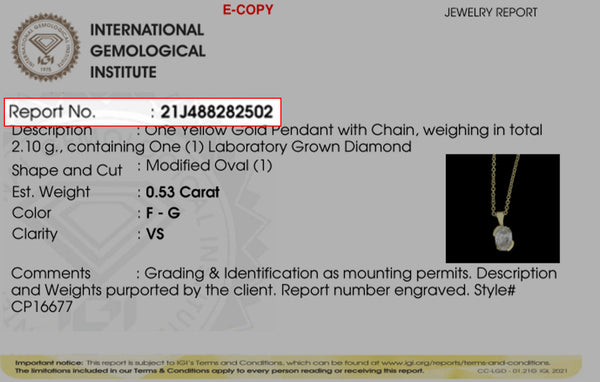 Jewelry report from the International Gemological Institute with details of a yellow gold pendant and chain.