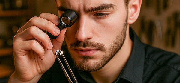 Man examining a small object with a magnifying glass in a blurred indoor setting