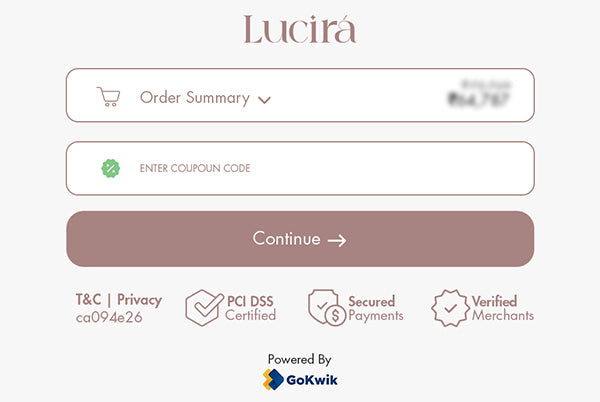 Lucira website order summary page with coupon code input field and GoKwik branding.
