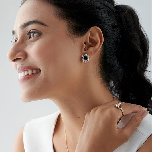 Floral Halo Stud Earrings with Blue Gemstone Floral Halo Stud Earrings with Blue Gemstone