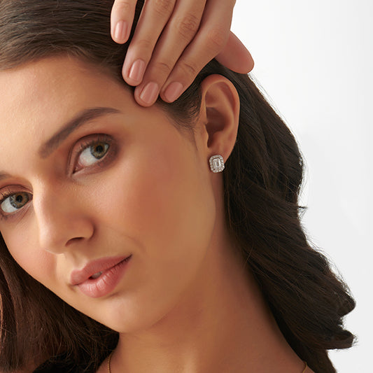 Classic Emerald & Round Halo Diamond Studs Earrings Classic Emerald & Round Halo Diamond Studs Earrings