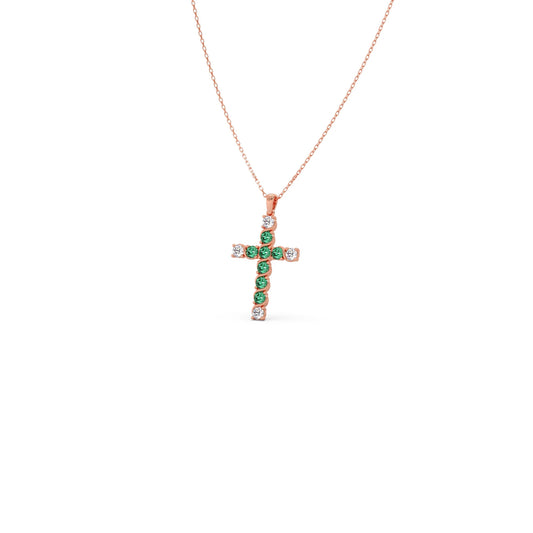 Round Diamond With Green Gemstone Cross Pendant Round Diamond With Green Gemstone Cross Pendant