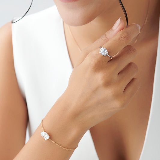 Emerald Cut with Side Baguette Three Stone Engagement Ring Emerald Cut with Side Baguette Three Stone Engagement Ring - MQ