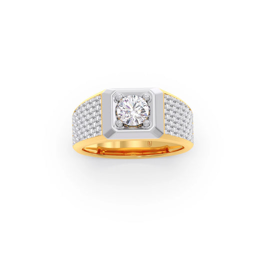 Round Diamond Two tone Men's Solitaire textured Ring Round Diamond Two tone Men's Solitaire textured Ring - Yellow