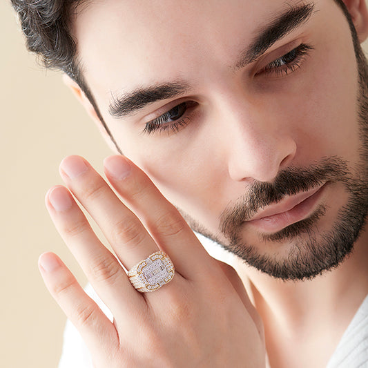 Baguette Center with Round Diamond Cluster Men's Ring Baguette Center with Round Diamond Cluster Men's Ring