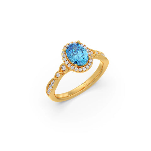 Oval Blue Gemstone and Round Diamond Halo Ring