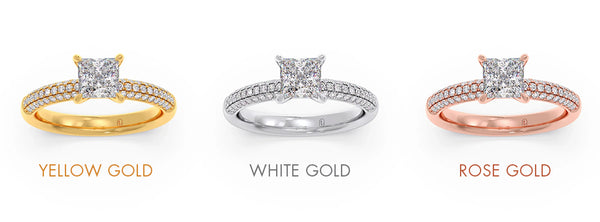 Three gold rings in yellow, white, and rose gold on a white background