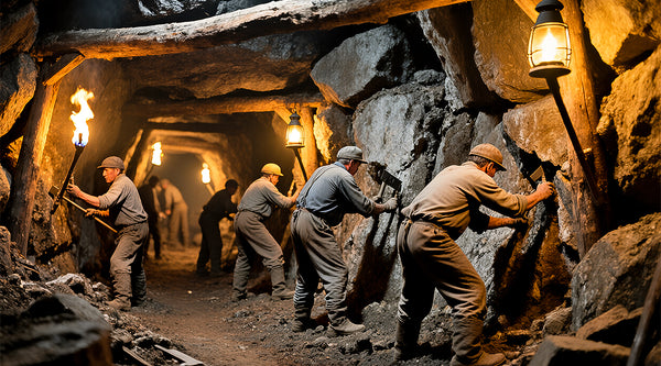 Miners working in a dark, rocky mine tunnel with oil lamps.