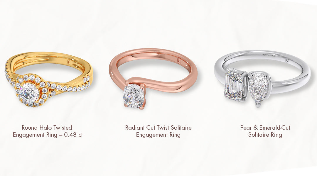 Three diamond engagement rings in gold, rose gold, and silver on a white background. Three diamond engagement rings in gold, rose gold, and silver on a white background.