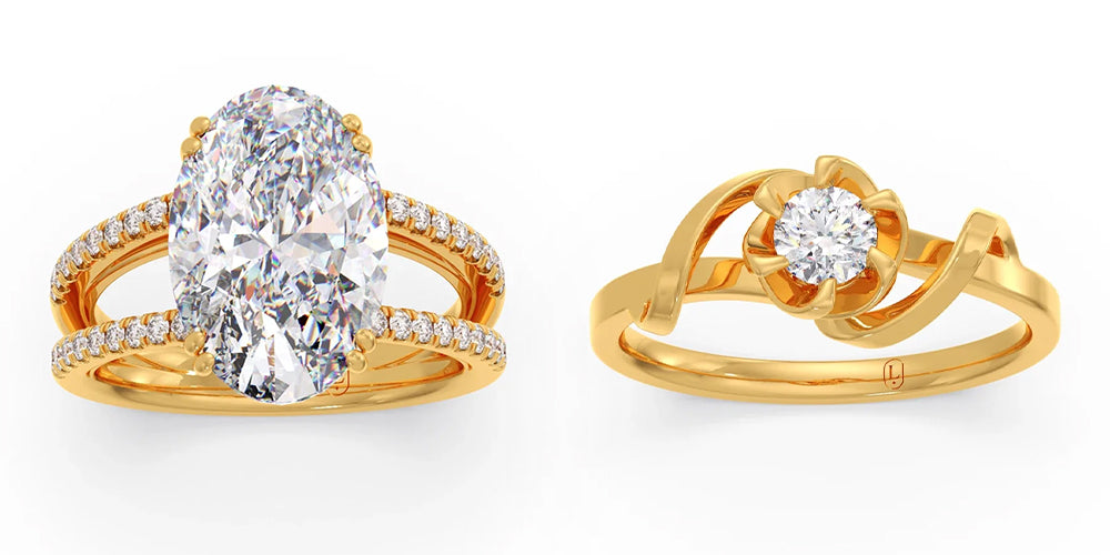 Two gold rings with diamond accents on a white background