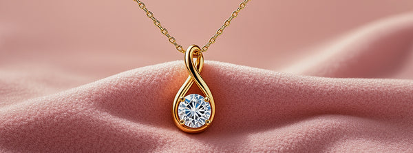 Gold necklace with a diamond pendant on a pink fabric background
