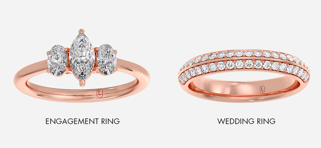 Rose gold engagement and wedding ring set on a white background