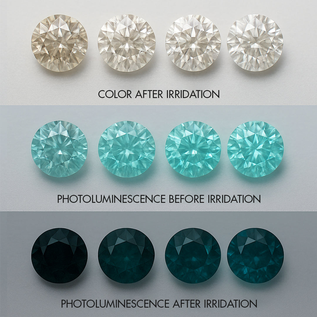 Comparison of diamond color and photoluminescence before and after irradiation on a gray background.