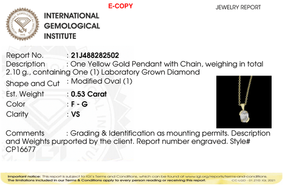 Jewelry report for a yellow gold pendant with chain and laboratory grown diamond.