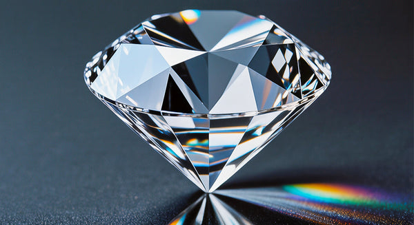 Clear diamond on a reflective surface with a dark background