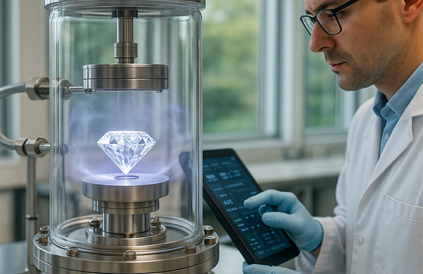 Person in a lab coat examining a diamond in a glass container with a laptop.