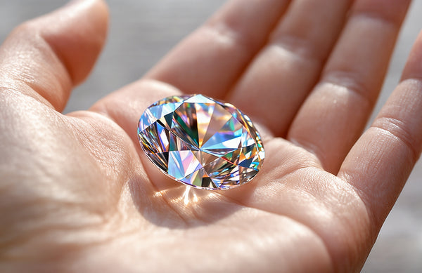 Large diamond held in a hand against a neutral background