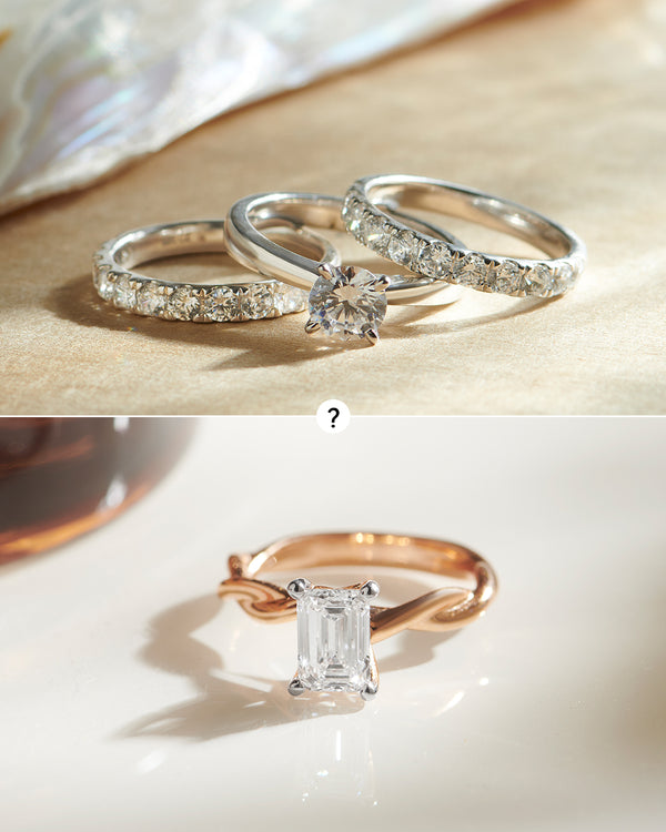 Two diamond rings on a beige surface with a question mark symbol, followed by a rose gold ring with a square-cut diamond on a white background.