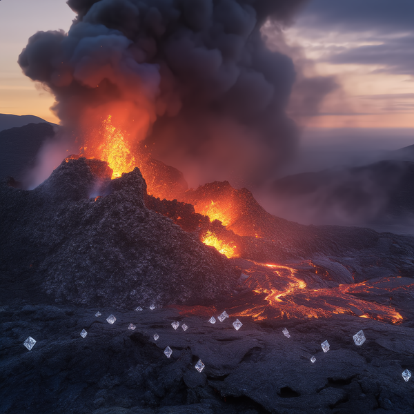 Volcano eruption with lava flowing and smoke rising against a sunset sky.