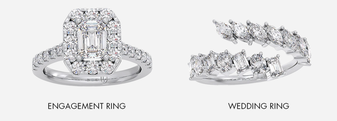 Engagement and wedding ring set with emerald-cut diamonds on a white background