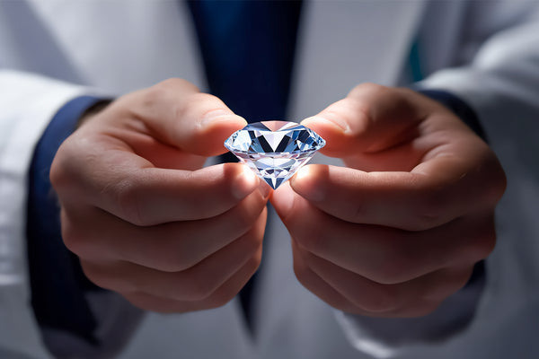 Person holding a diamond between their fingers with a blurred background