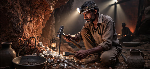 Man working with tools in a dimly lit cave setting Man working with tools in a dimly lit cave setting