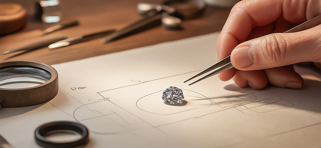 Diamond being held with tweezers over a jewelry design layout on a wooden table.